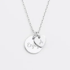 Pendentif personnalisé médaille gravée argent 15 mm et breloque coeur 10 mm
