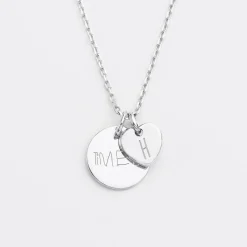 Pendentif personnalisé médaille gravée argent 15 mm et breloque coeur 10 mm