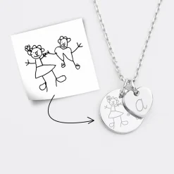 Pendentif personnalisé médaille gravée argent 15 mm et breloque coeur 10 mm