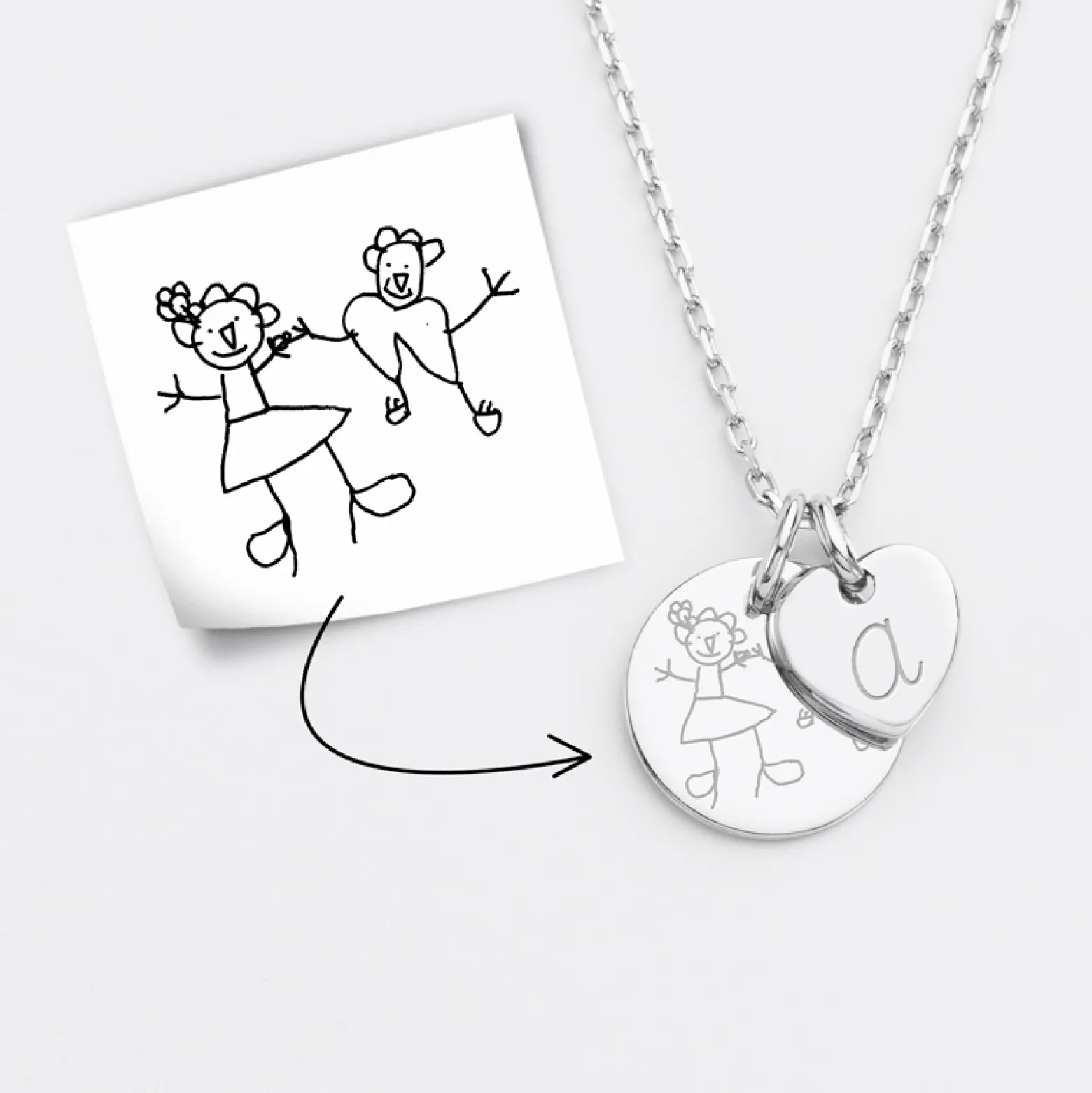 Pendentif personnalisé médaille gravée argent 15 mm et breloque coeur 10 mm