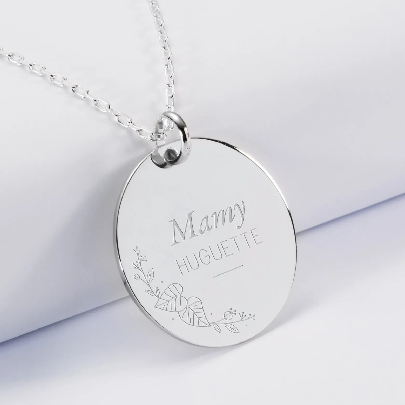 Pendentif personnalisé médaille gravée argent 27 mm - Edition spéciale Ornement floral