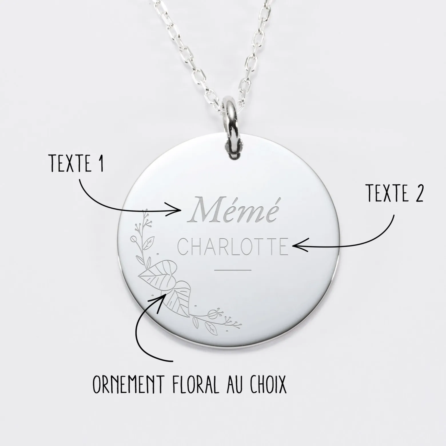 Pendentif personnalisé médaille gravée argent 27 mm - Edition spéciale Ornement floral