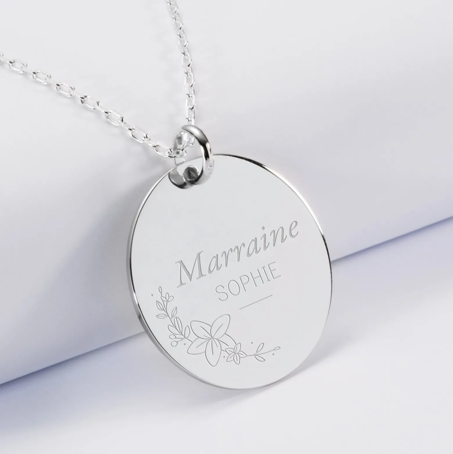 Pendentif personnalisé médaille gravée argent 27 mm - Edition spéciale Ornement floral