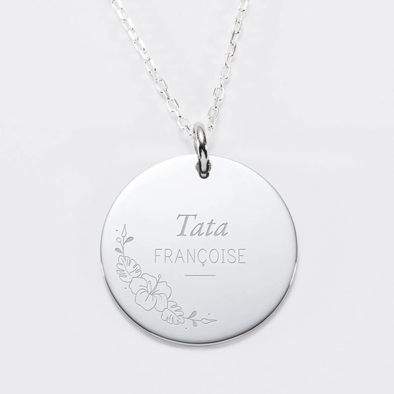 Pendentif personnalisé médaille gravée argent 27 mm - Edition spéciale Ornement floral