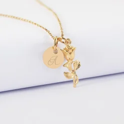 Pendentif personnalisé médaille gravée plaqué or 10 mm et breloque rose 19 mm