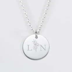 Pendentif personnalisé médaille gravée argent 19 mm - Edition spéciale mariage Initiales Florales