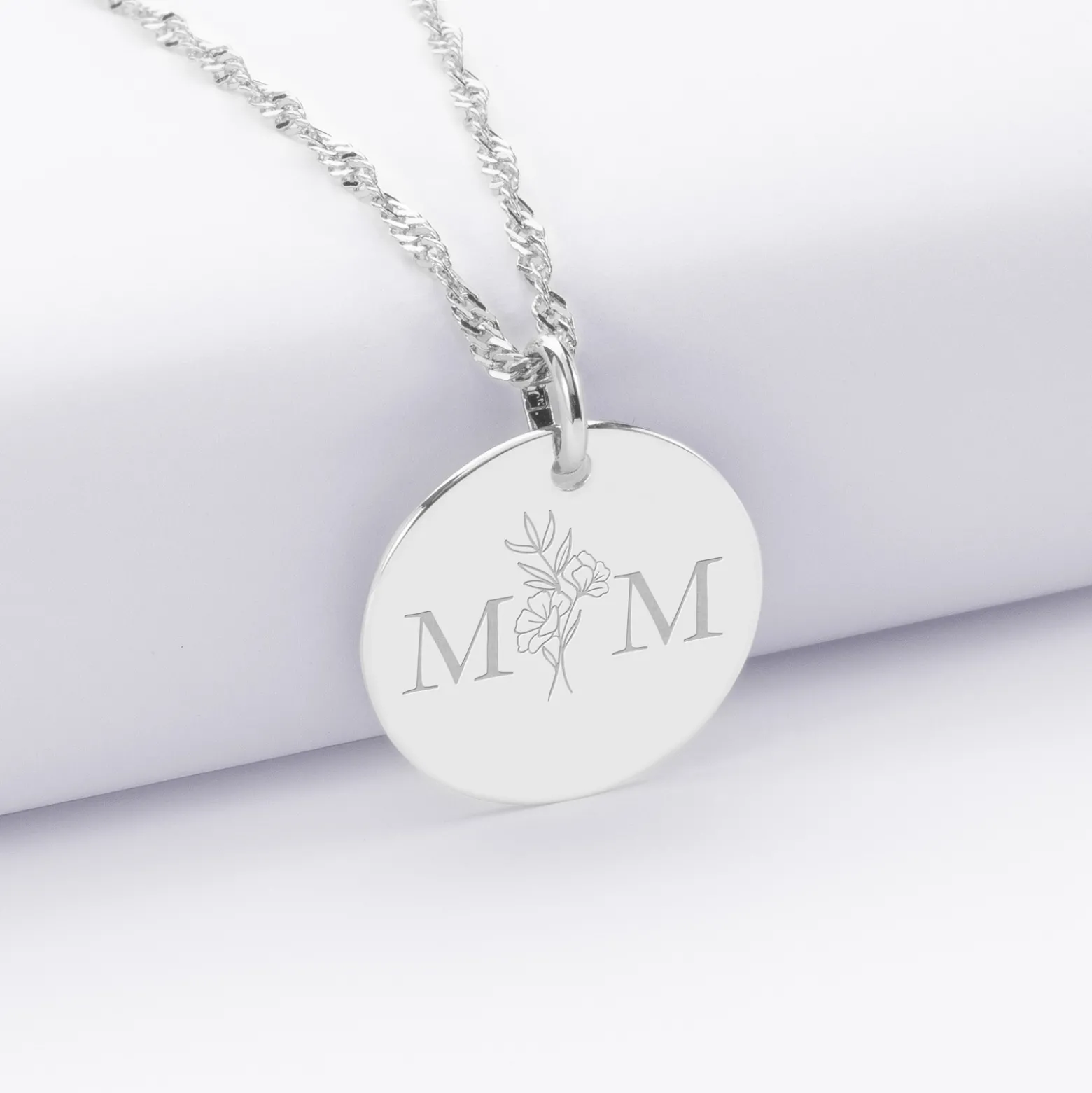 Pendentif personnalisé médaille gravée argent 19 mm - Edition spéciale mariage Initiales Florales
