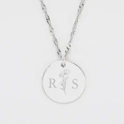 Pendentif personnalisé médaille gravée argent 19 mm - Edition spéciale mariage Initiales Florales