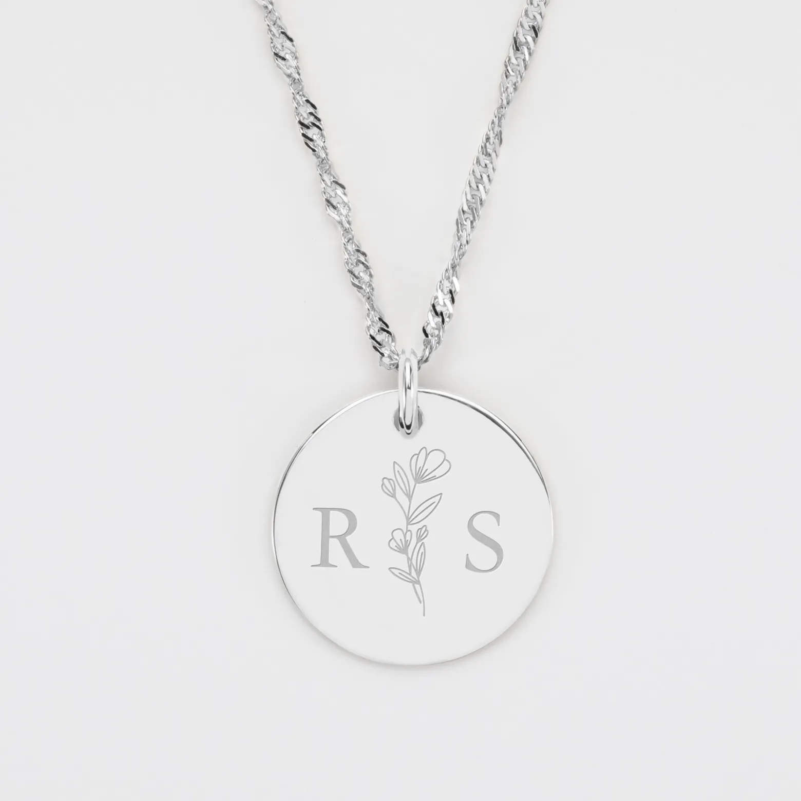 Pendentif personnalisé médaille gravée argent 19 mm - Edition spéciale mariage Initiales Florales
