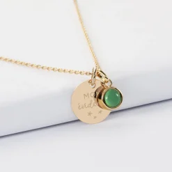 Pendentif personnalisé médaille gravée plaqué or 15 mm et breloque pierre naturelle 8 mm