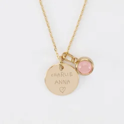 Pendentif personnalisé médaille gravée plaqué or 15 mm et breloque pierre naturelle 8 mm