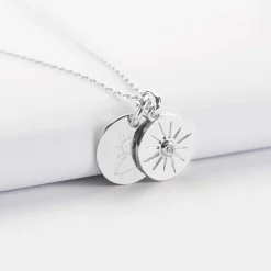 Pendentif personnalisé médaille gravée argent 15 mm et breloque soleil scintillant 14 mm