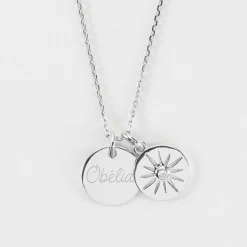 Pendentif personnalisé médaille gravée argent 15 mm et breloque soleil scintillant 14 mm