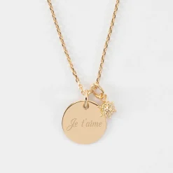 Pendentif personnalisé médaille gravée plaqué or 15 mm et breloque étoile brillante 6 mm