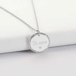 Pendentif personnalisé médaille contour scintillant gravée argent 16 mm