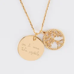 Pendentif personnalisé médaille gravée plaqué or 19 mm et breloque arbre de vie contour torsadé 16 mm
