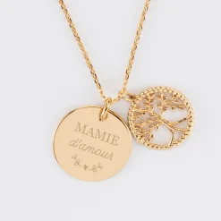 Pendentif personnalisé médaille gravée plaqué or 19 mm et breloque arbre de vie contour torsadé 16 mm