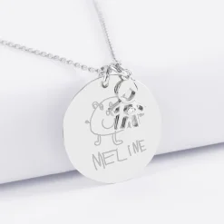 Pendentif personnalisé médaille gravée argent 27 mm et breloque petit garçon zircon 12 mm