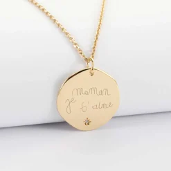 Pendentif personnalisé médaille scintillante gravée plaqué or 20 mm