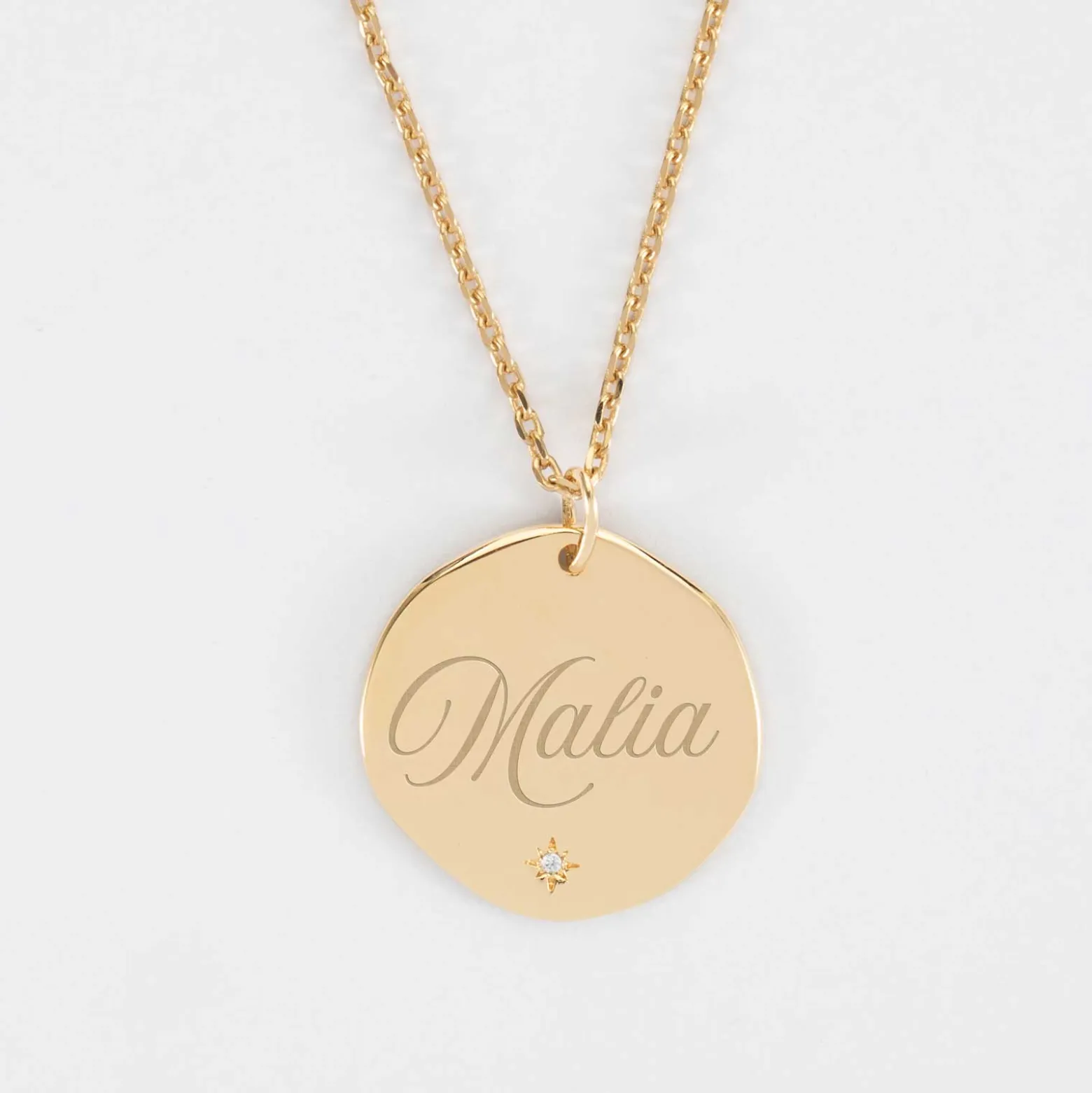 Pendentif personnalisé médaille scintillante gravée plaqué or 20 mm