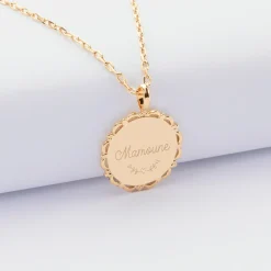 Pendentif personnalisé médaille vintage dentelée gravée plaqué or 17 mm