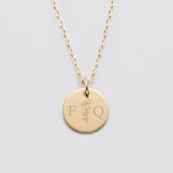 Pendentif personnalisé médaille gravée plaqué or 15 mm - Edition spéciale mariage Initiales Florales