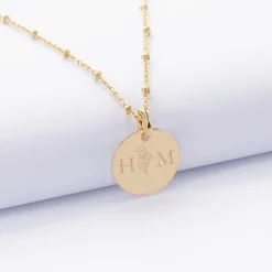Pendentif personnalisé médaille gravée plaqué or 15 mm - Edition spéciale mariage Initiales Florales