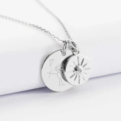 Pendentif personnalisé médaille gravée argent 19 mm et breloque soleil scintillant 14 mm