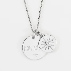 Pendentif personnalisé médaille gravée argent 19 mm et breloque soleil scintillant 14 mm