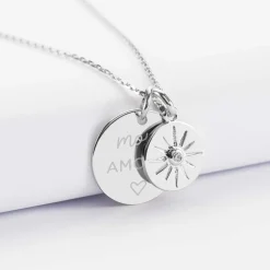 Pendentif personnalisé médaille gravée argent 19 mm et breloque soleil scintillant 14 mm