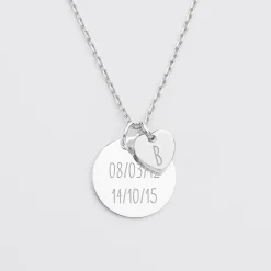 Pendentif personnalisé médaille gravée argent 19 mm et breloque coeur 10 mm