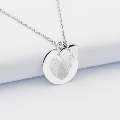 Pendentif personnalisé médaille gravée argent 19 mm et breloque coeur 10 mm