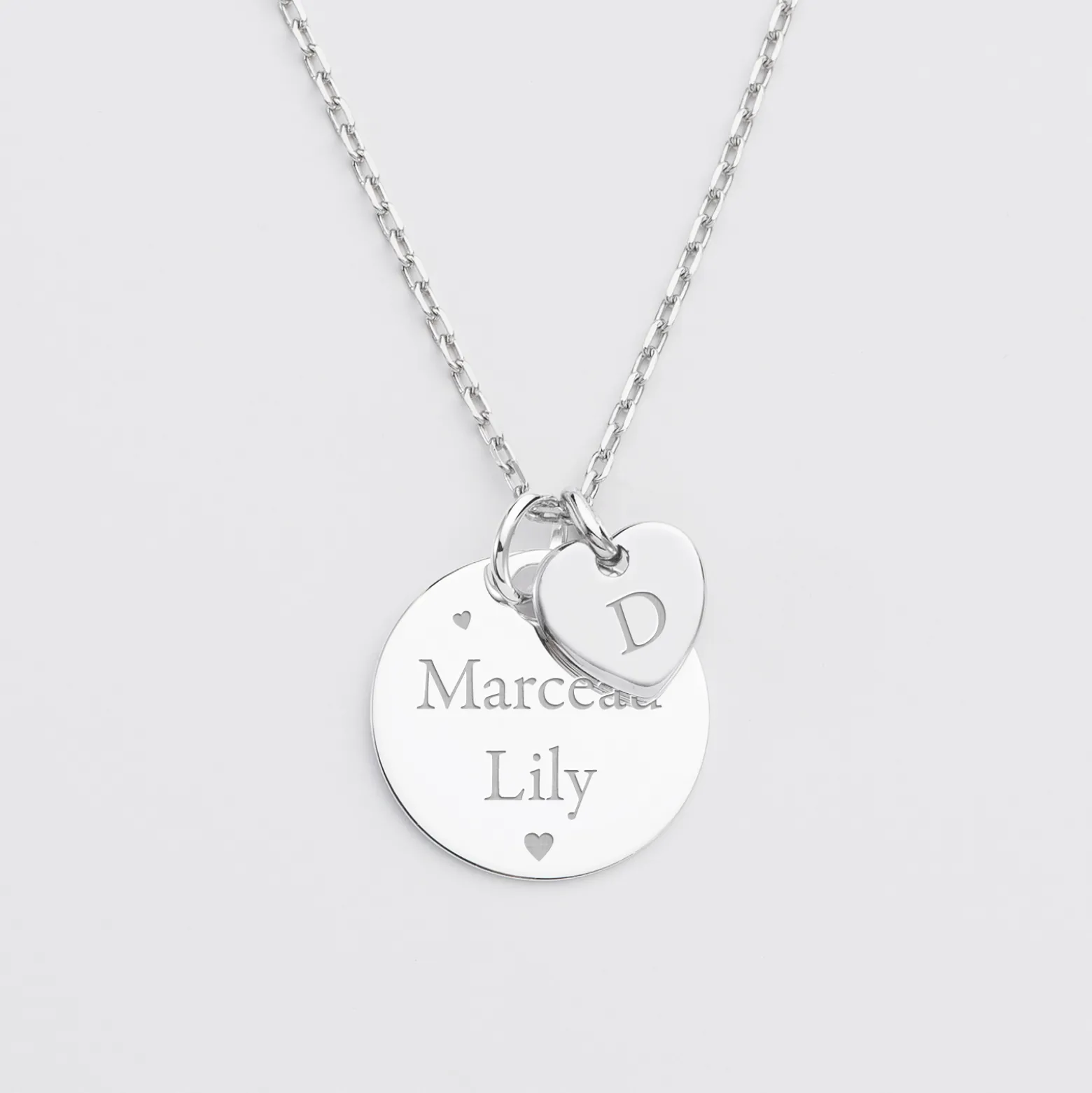Pendentif personnalisé médaille gravée argent 19 mm et breloque coeur 10 mm