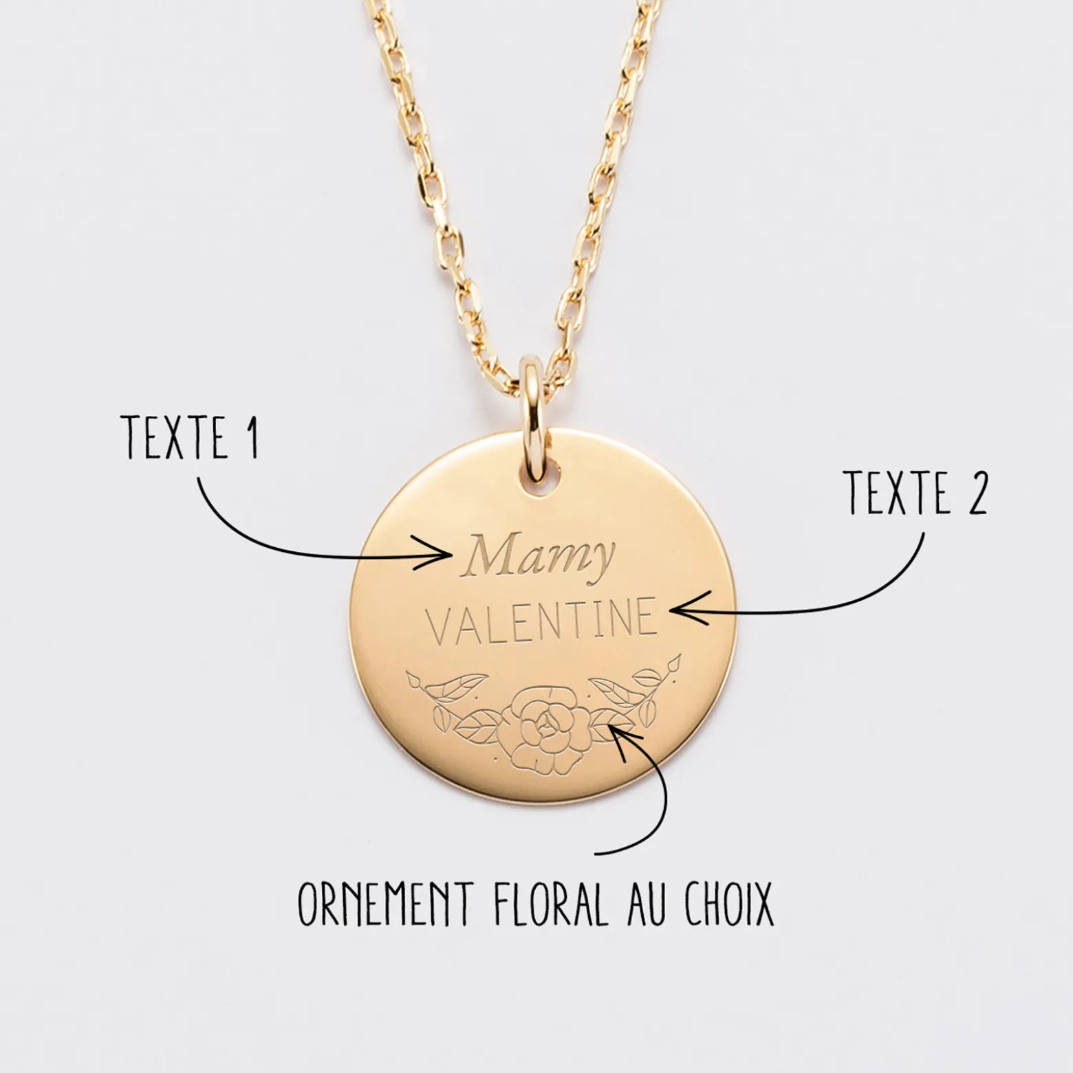 Pendentif personnalisé médaille gravée plaqué or 19 mm - Edition spéciale Ornement floral
