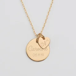 Pendentif personnalisé médaille gravée plaqué or 19 mm et breloque coeur 10 mm