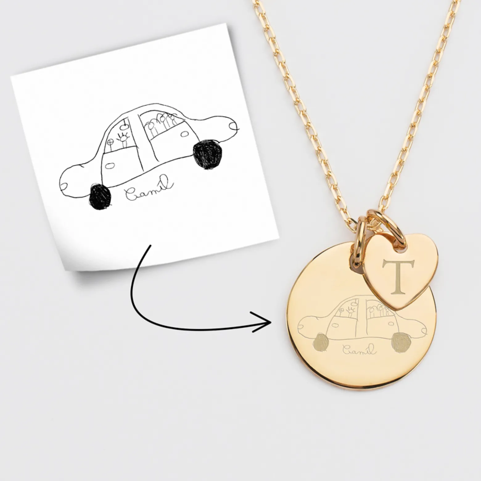 Pendentif personnalisé médaille gravée plaqué or 19 mm et breloque coeur 10 mm
