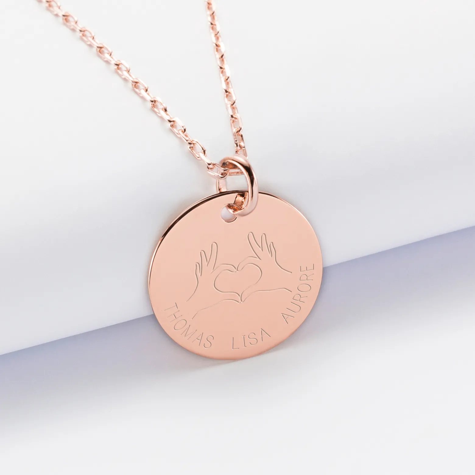 Pendentif personnalisé médaille gravée plaqué or rose 19 mm - Edition spéciale Love hand