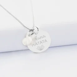 Pendentif personnalisé médaille gravée argent 19 mm et breloque nacre 10 mm