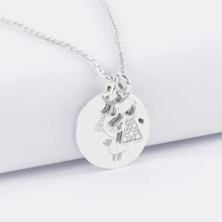 Pendentif personnalisé médaille gravée argent 19 mm et breloque petite fille scintillante 12 mm