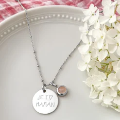 Pendentif personnalisé médaille gravée argent 19 mm et breloque pierre naturelle 8 mm