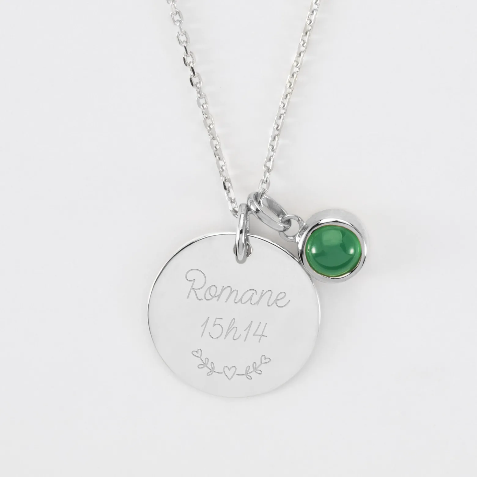 Pendentif personnalisé médaille gravée argent 19 mm et breloque pierre naturelle 8 mm