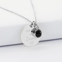 Pendentif personnalisé médaille gravée argent 19 mm et breloque pierre naturelle 8 mm