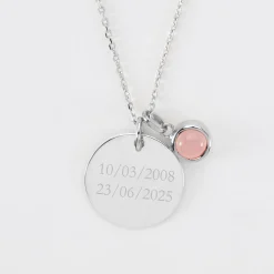 Pendentif personnalisé médaille gravée argent 19 mm et breloque pierre naturelle 8 mm