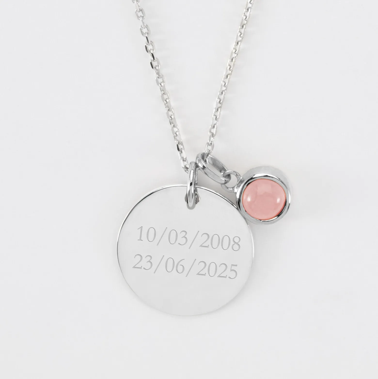 Pendentif personnalisé médaille gravée argent 19 mm et breloque pierre naturelle 8 mm