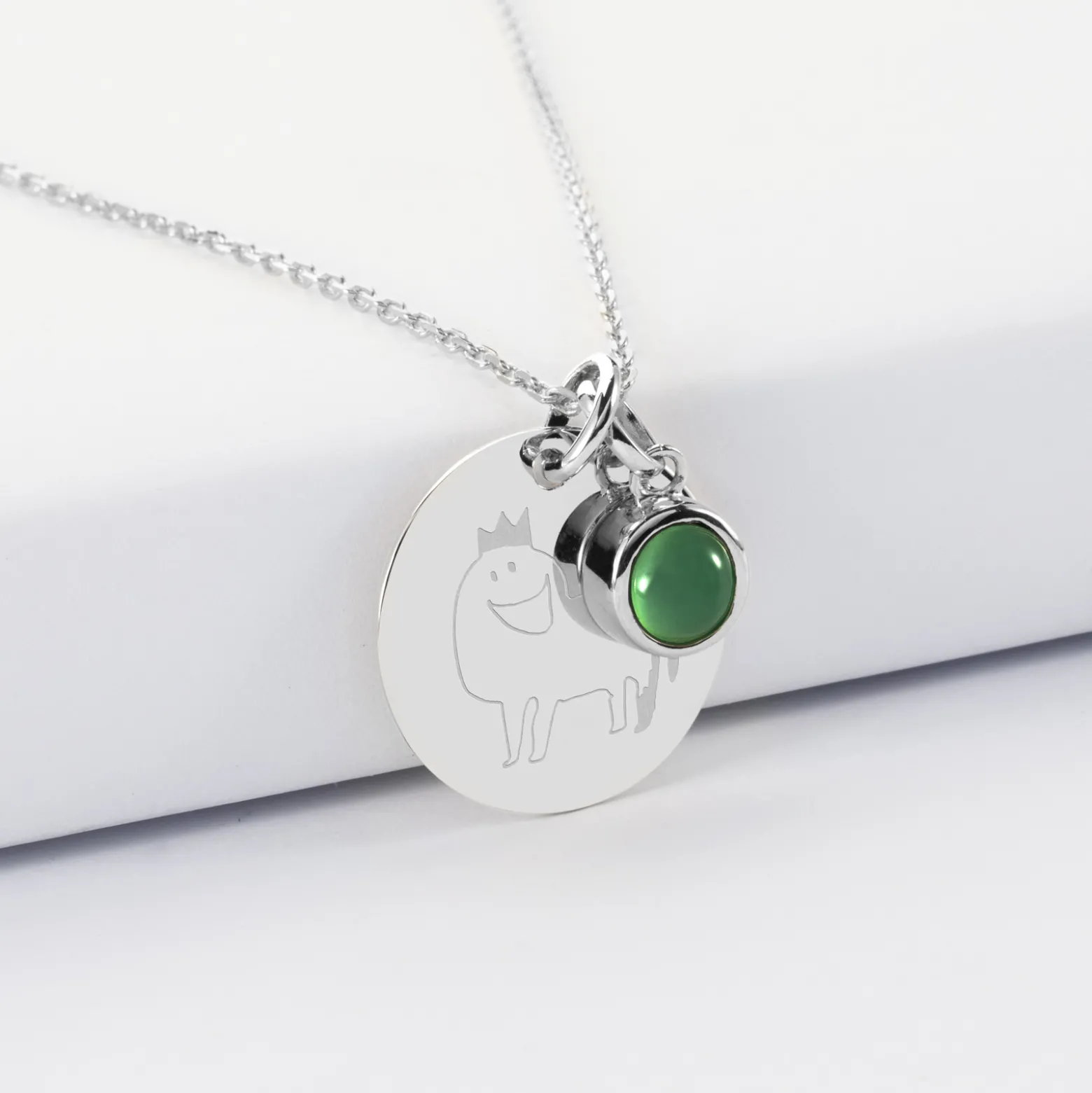 Pendentif personnalisé médaille gravée argent 19 mm et breloque pierre naturelle 8 mm