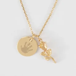 Pendentif personnalisé médaille gravée plaqué or 15 mm et breloque rose 19 mm