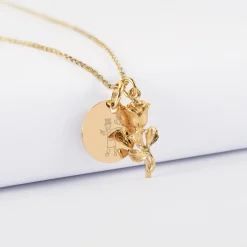 Pendentif personnalisé médaille gravée plaqué or 15 mm et breloque rose 19 mm