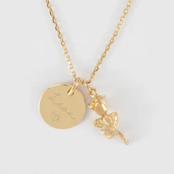 Pendentif personnalisé médaille gravée plaqué or 15 mm et breloque rose 19 mm