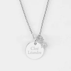 Pendentif personnalisé médaille gravée argent 15 mm et breloque étoile brillante 6 mm