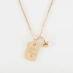 Pendentif personnalisé médaille gravée plaqué or rectangle 17x11 mm et breloque petit coeur bombé 7 mm - HappyBulle x Atelier Wagram